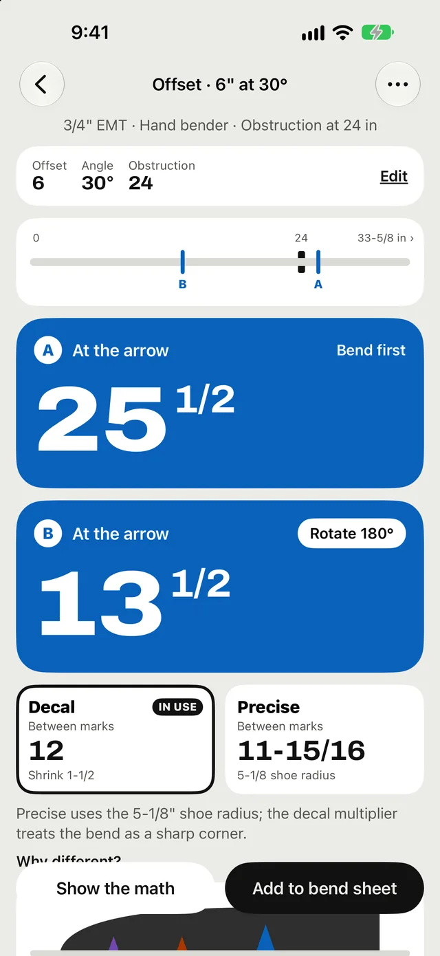 Bendline offset result: 6 inch offset at 30 degrees, mark A 25-1/2 at the arrow, mark B 13-1/2 at the arrow, rotate 180 degrees
