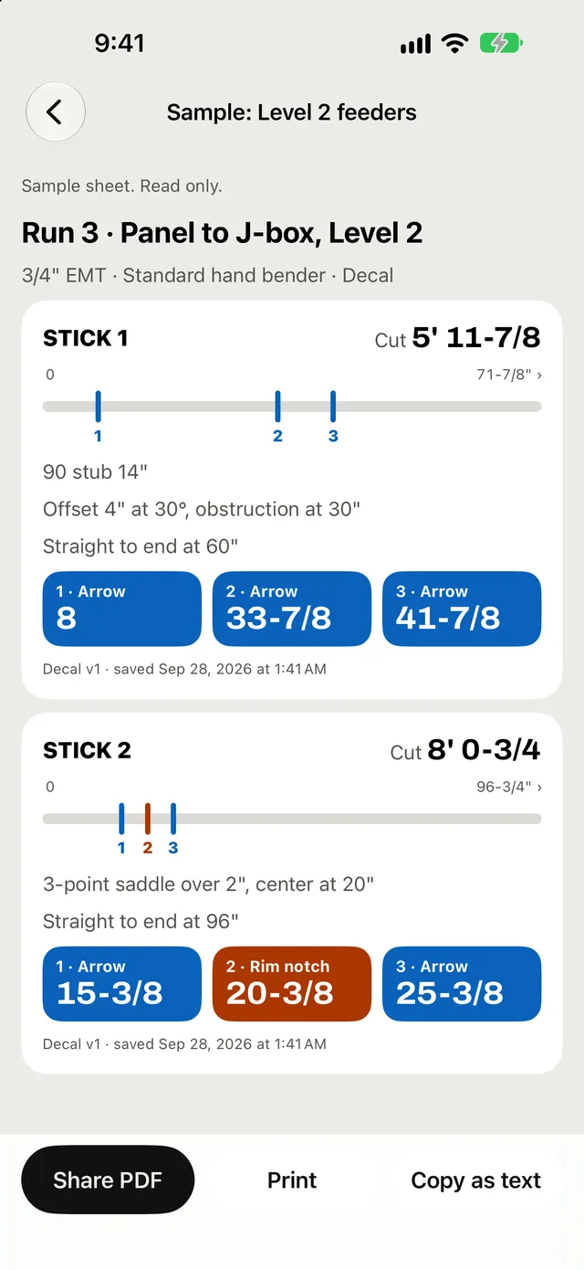 Bendline bend sheet: two sticks of 3/4 inch EMT with marks and cut lengths